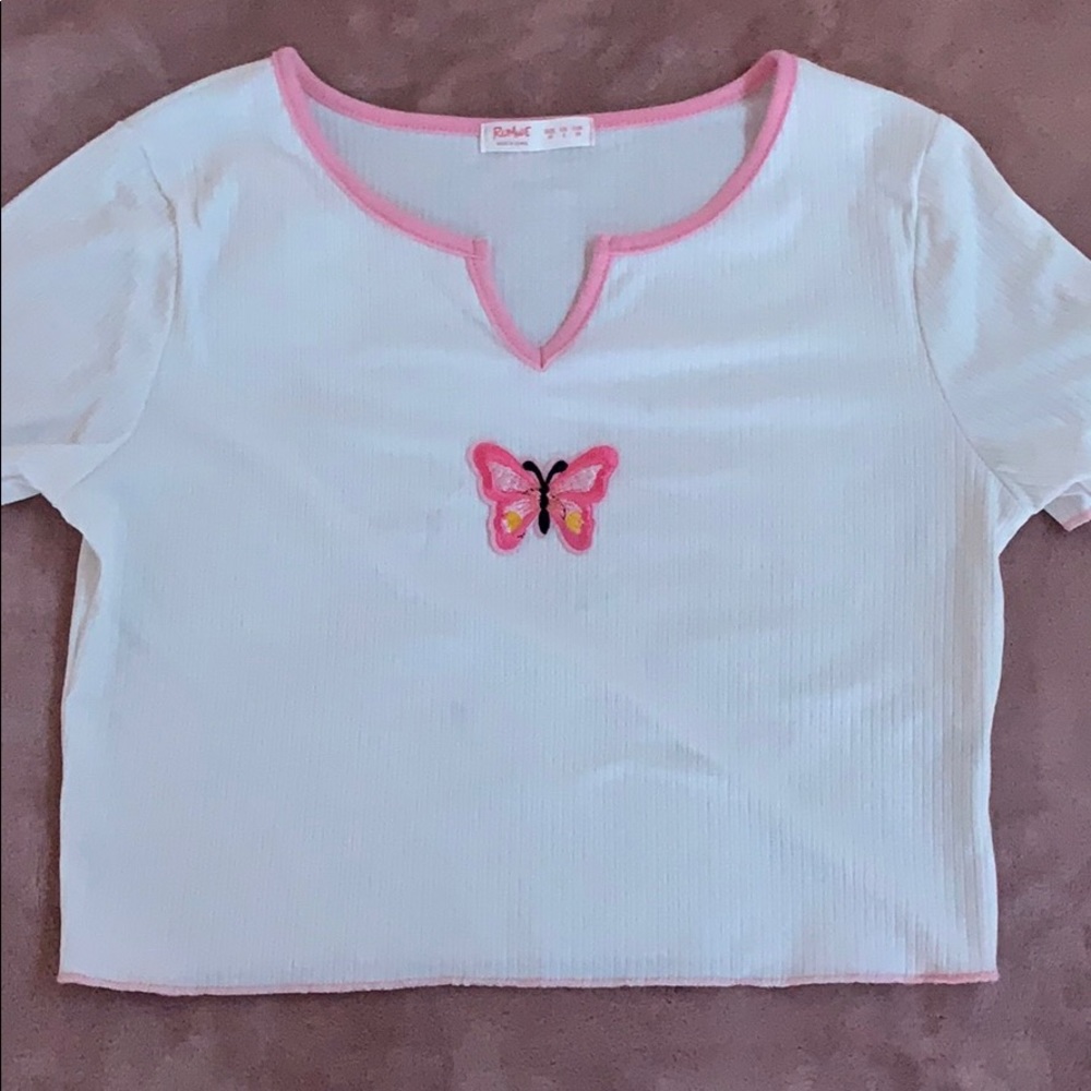 White pink cropped top with pink butterfly